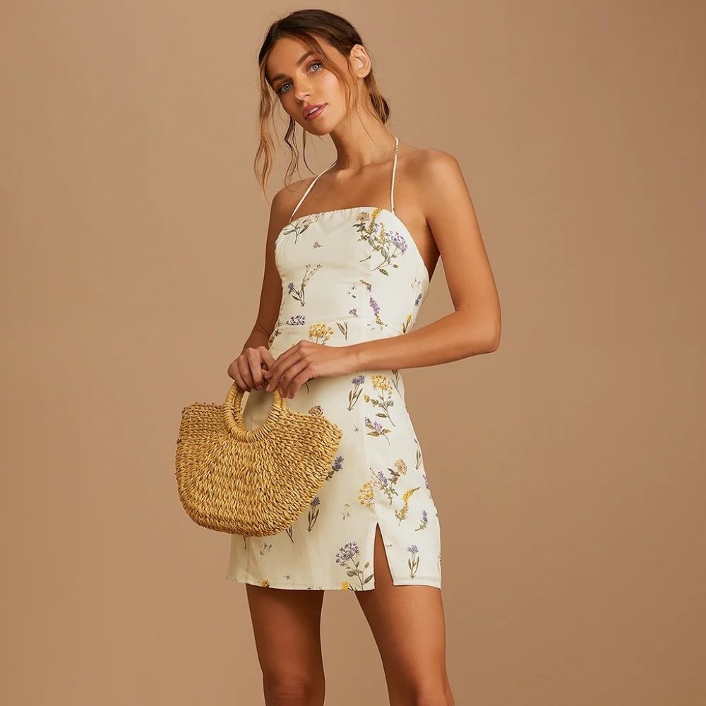Lulus Catch the Bouquet Cream Floral Print Halter Lace-Up Mini Dress